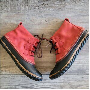 Sorel Out N About Rain Boots Size 7 Duck Red Ankle Lace Up Shoes Women